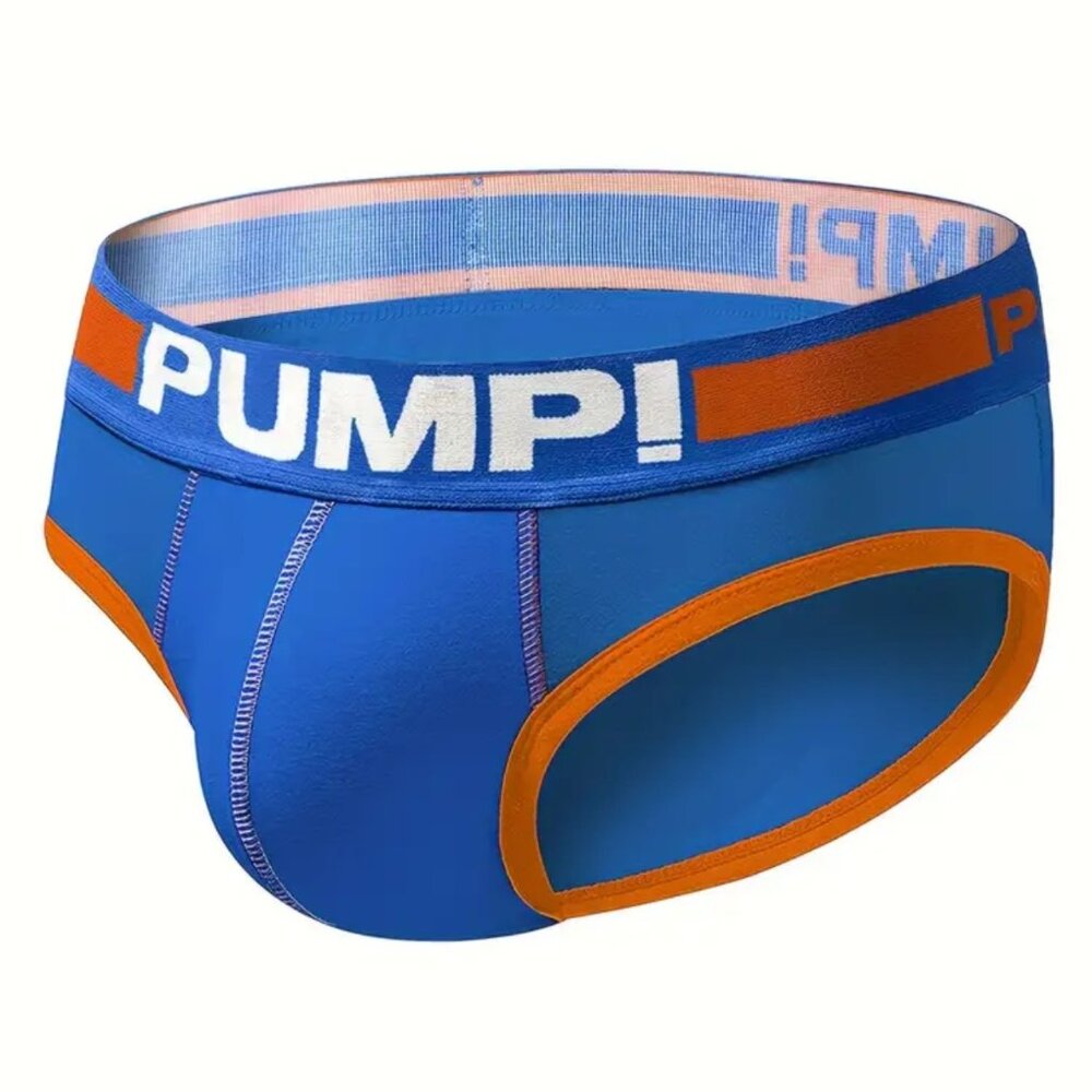 PUMP! Men Color Block Breathable Cotton Briefs Large Blue with Orange trim